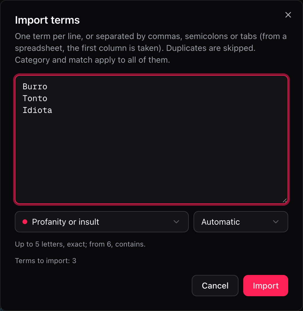 Import terms dialog with three pasted terms