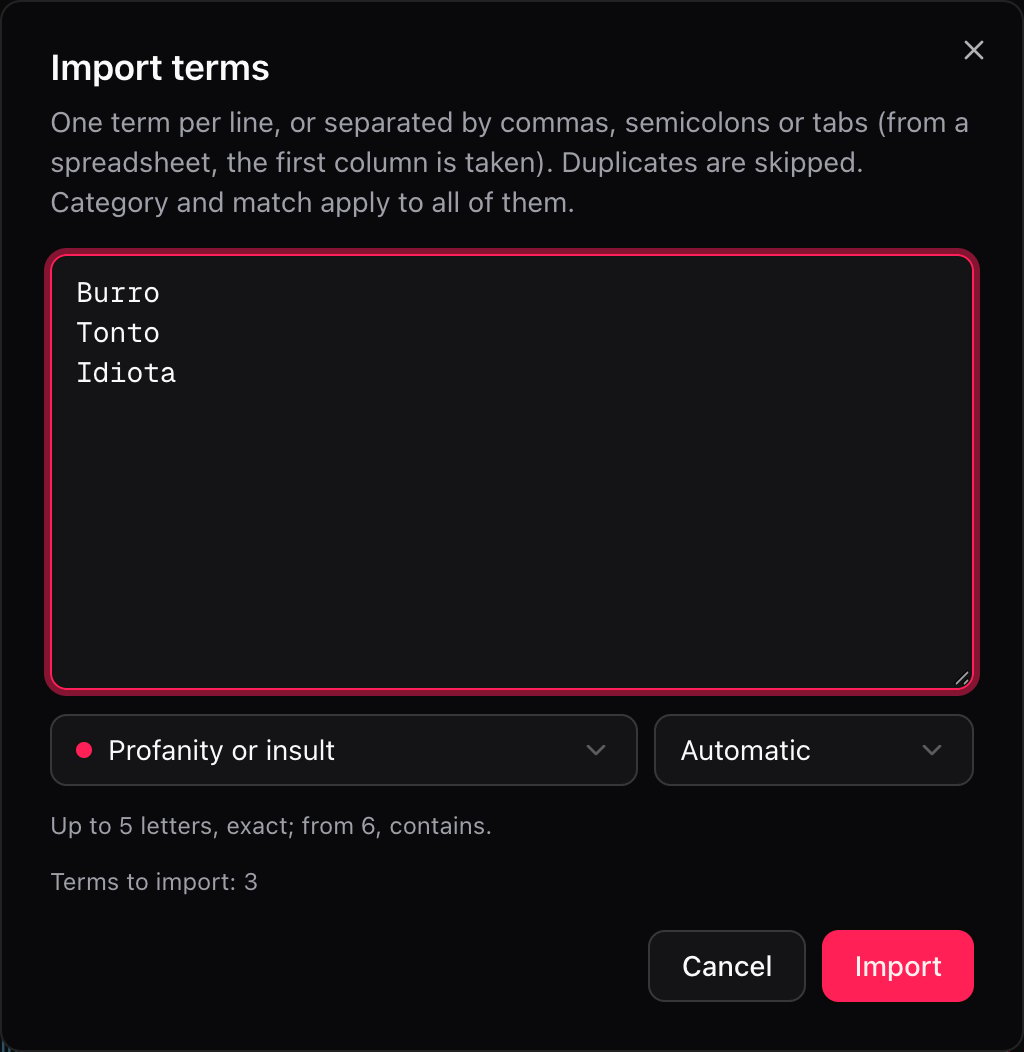 Import terms dialog with three pasted terms