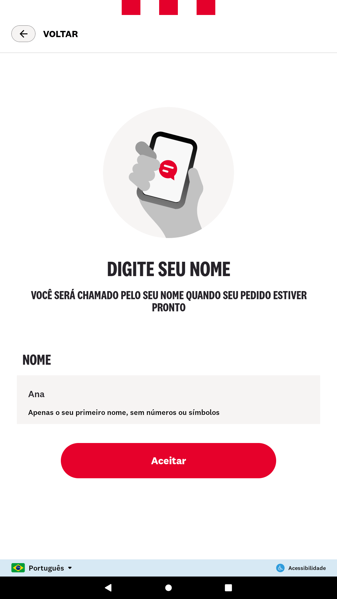 Kiosk name screen in Portuguese with the first-name-only hint