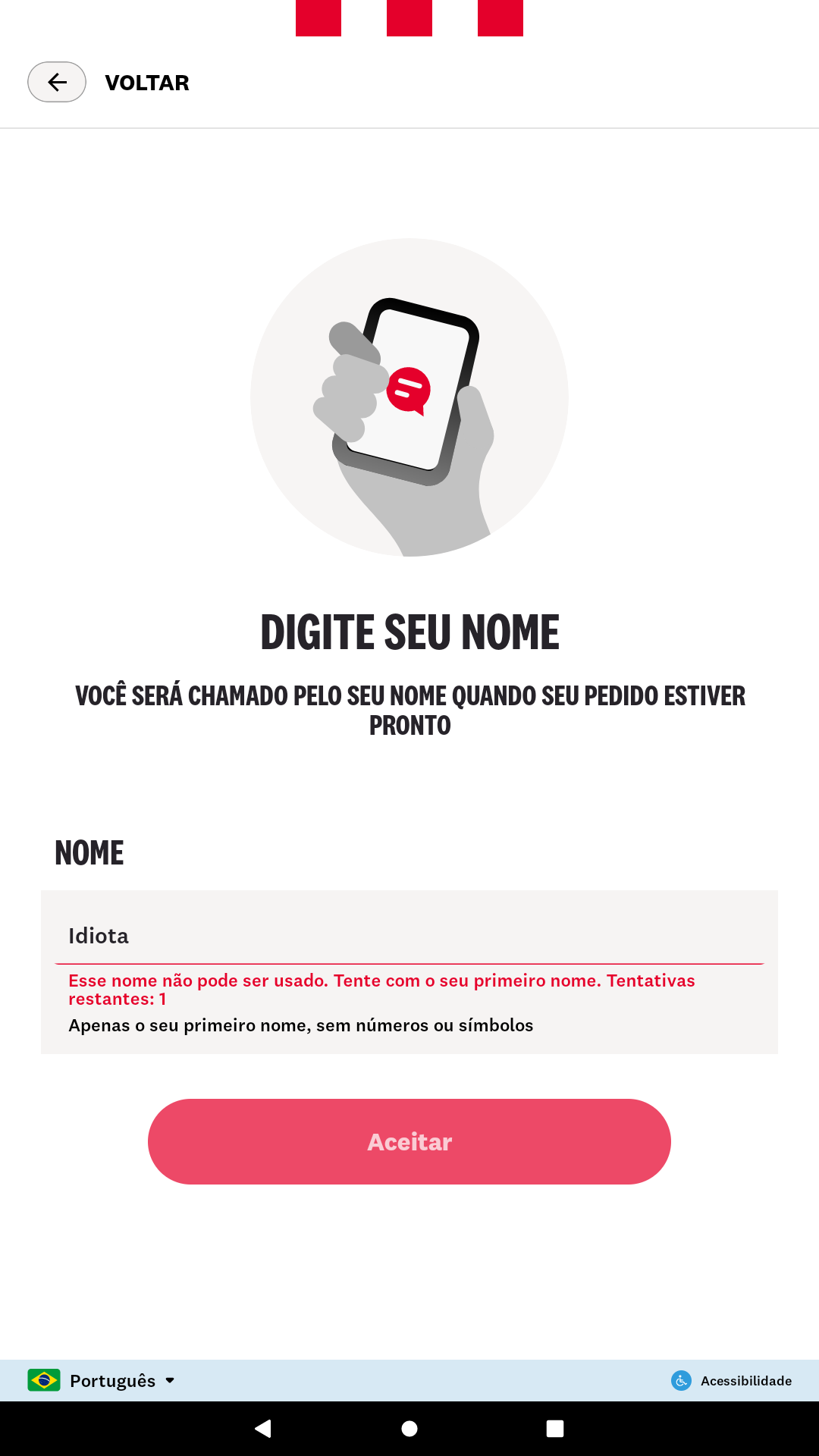 Kiosk in Portuguese with a rejected name and the attempts left