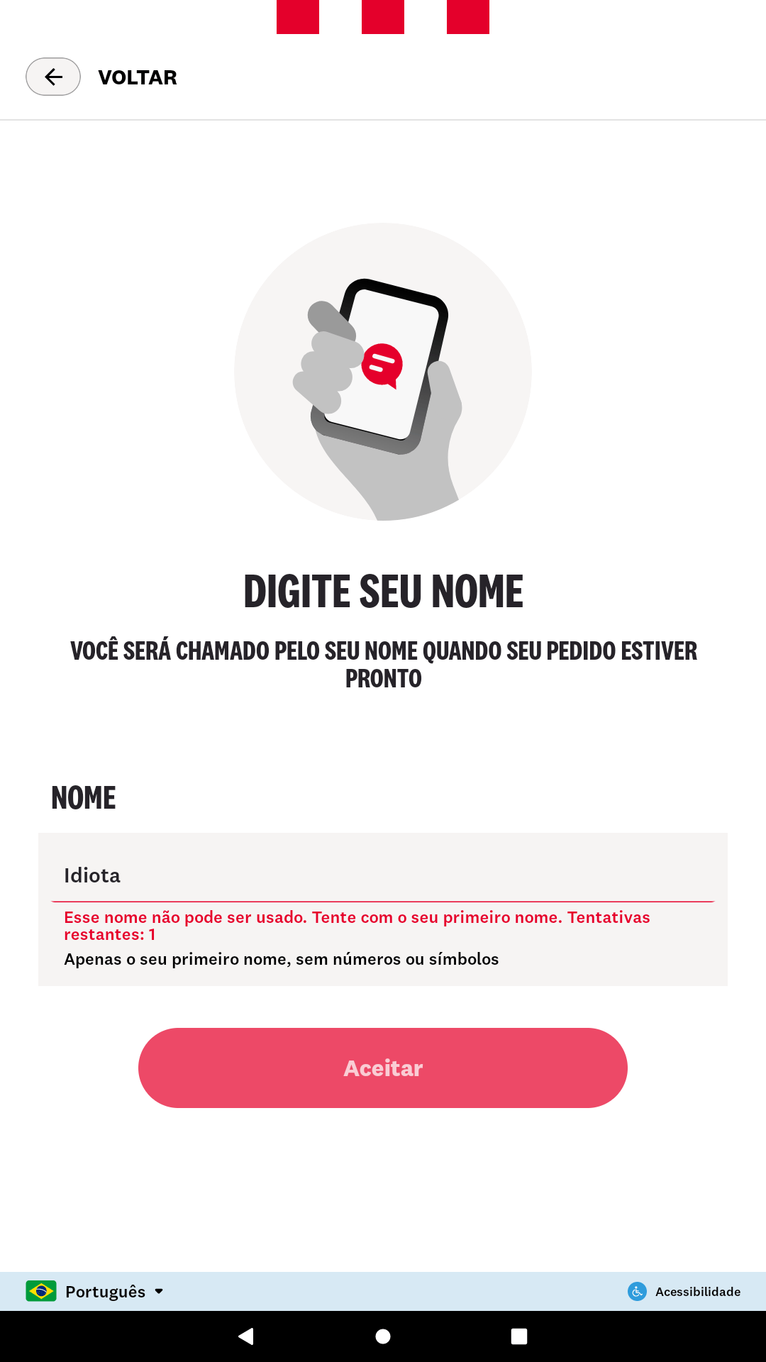 Kiosk in Portuguese with a rejected name and the attempts left