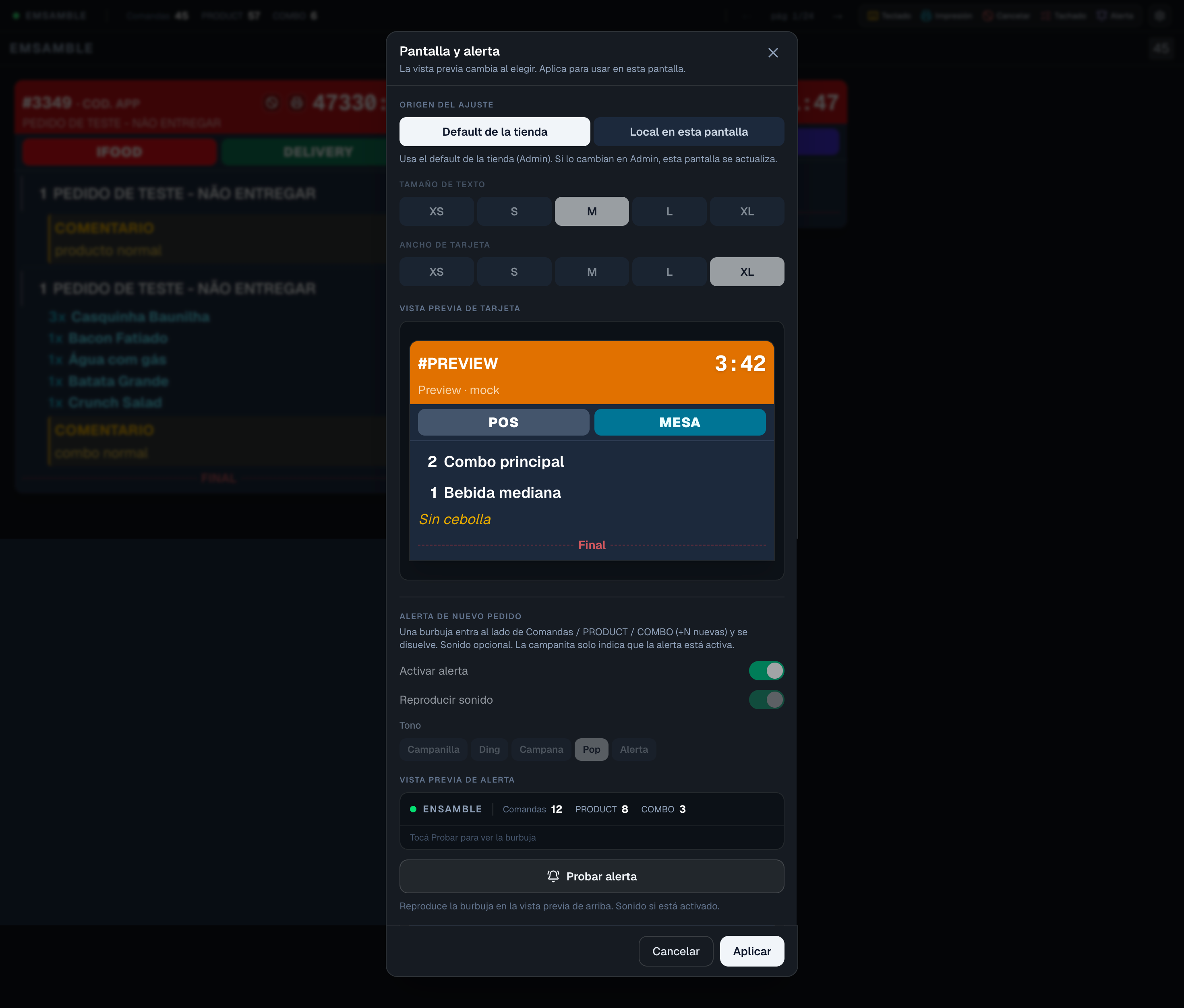 Display settings with scale, card size, alert, and customer name