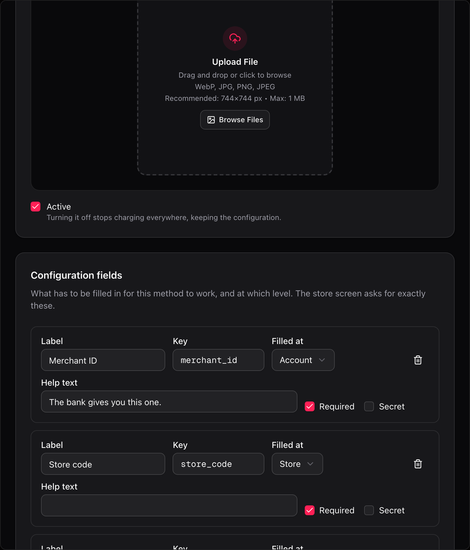 Sección de campos de configuración del editor de métodos de pago