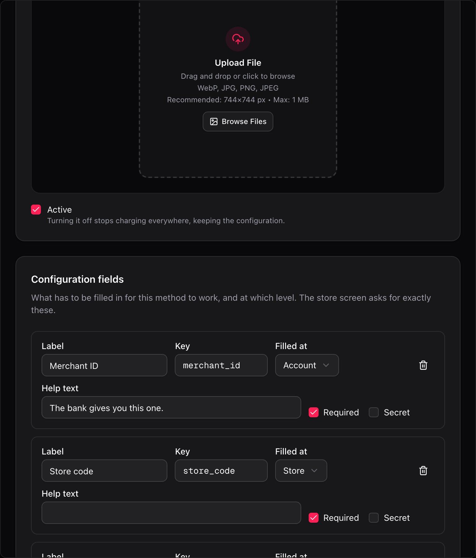 Sección de campos de configuración del editor de métodos de pago