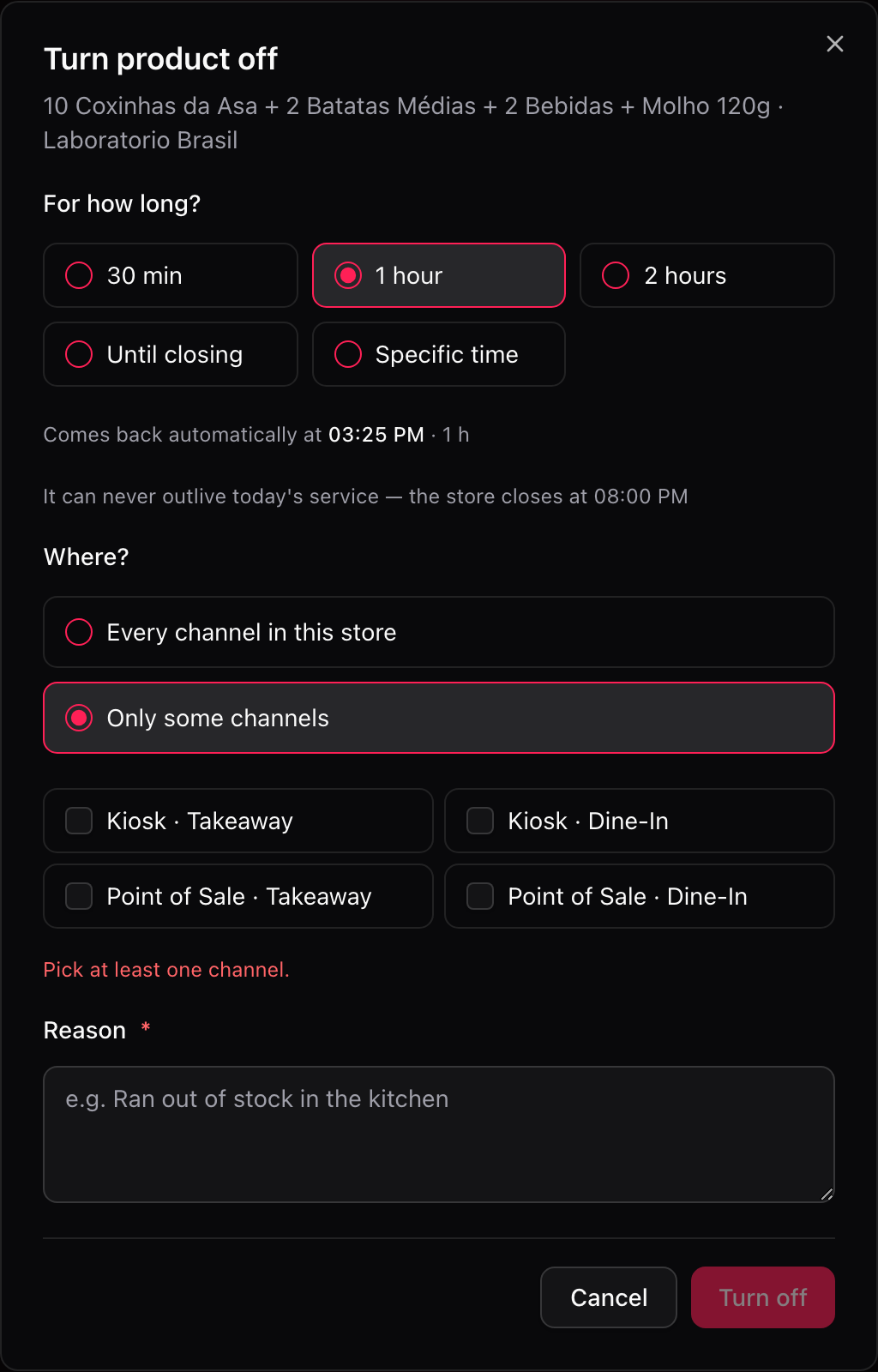 Picking specific channels inside the turn-off dialog