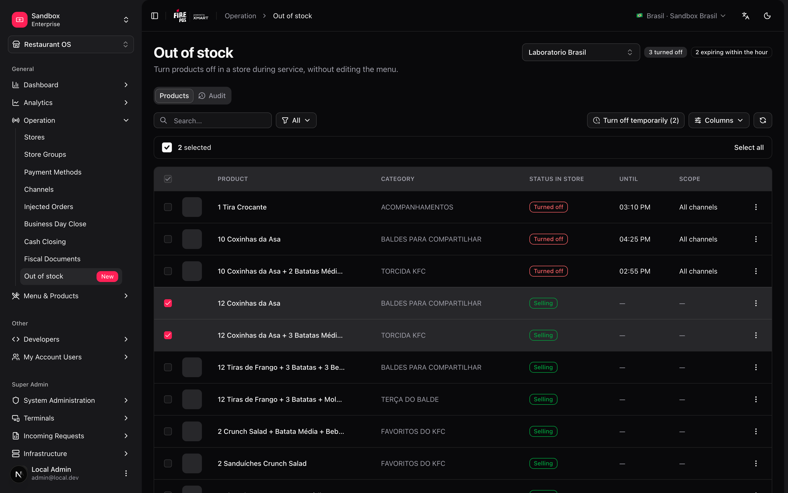 Table of turned-off products, the time they come back and the bulk action bar