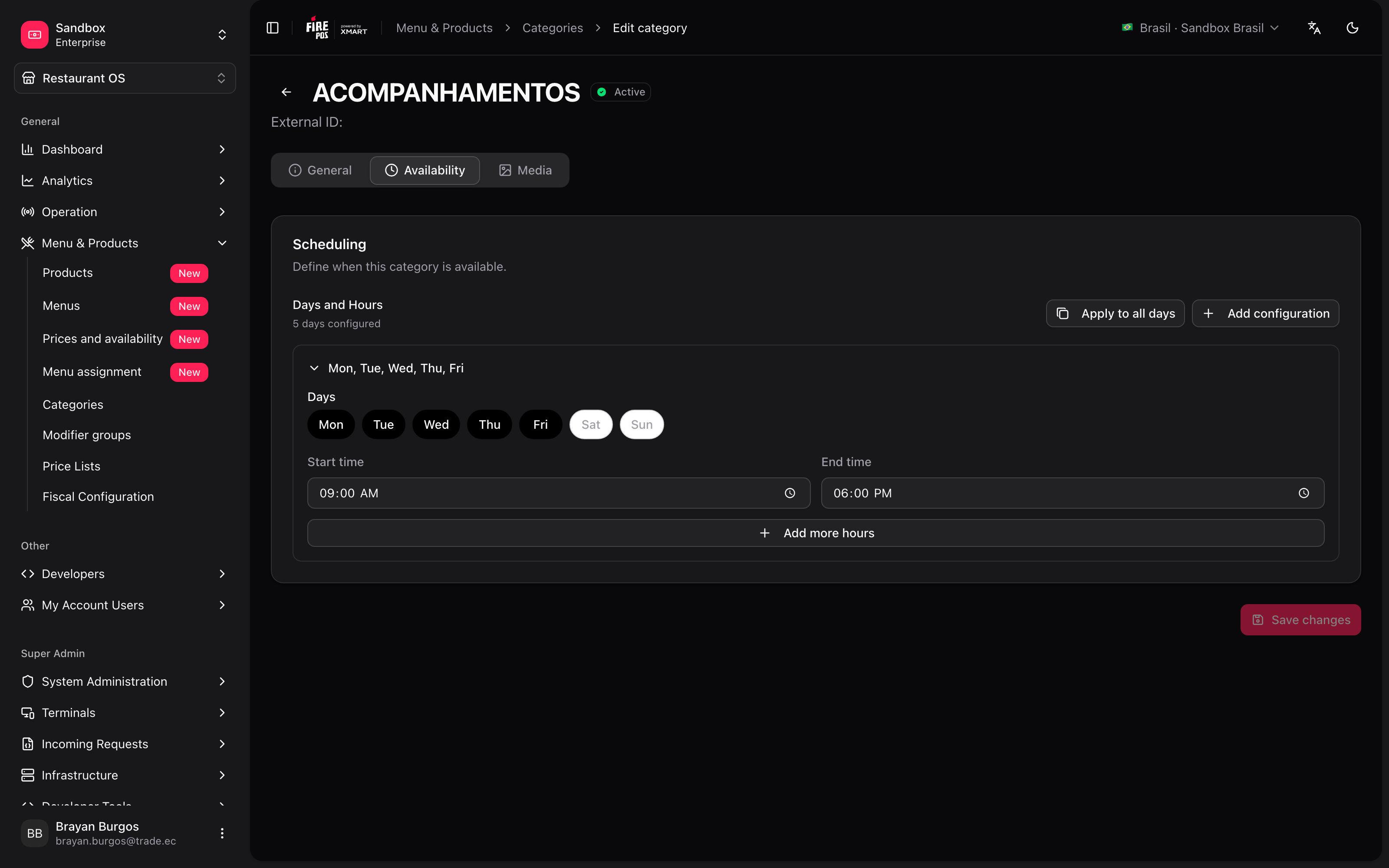 Pestaña Availability con los horarios de la categoría