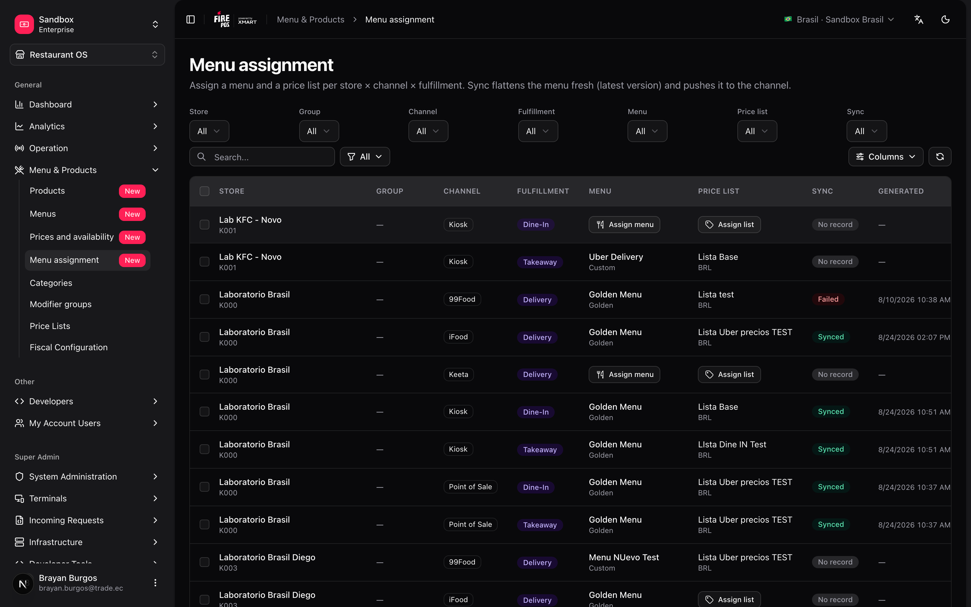 Matriz de asignación de menús por tienda, canal y fulfillment