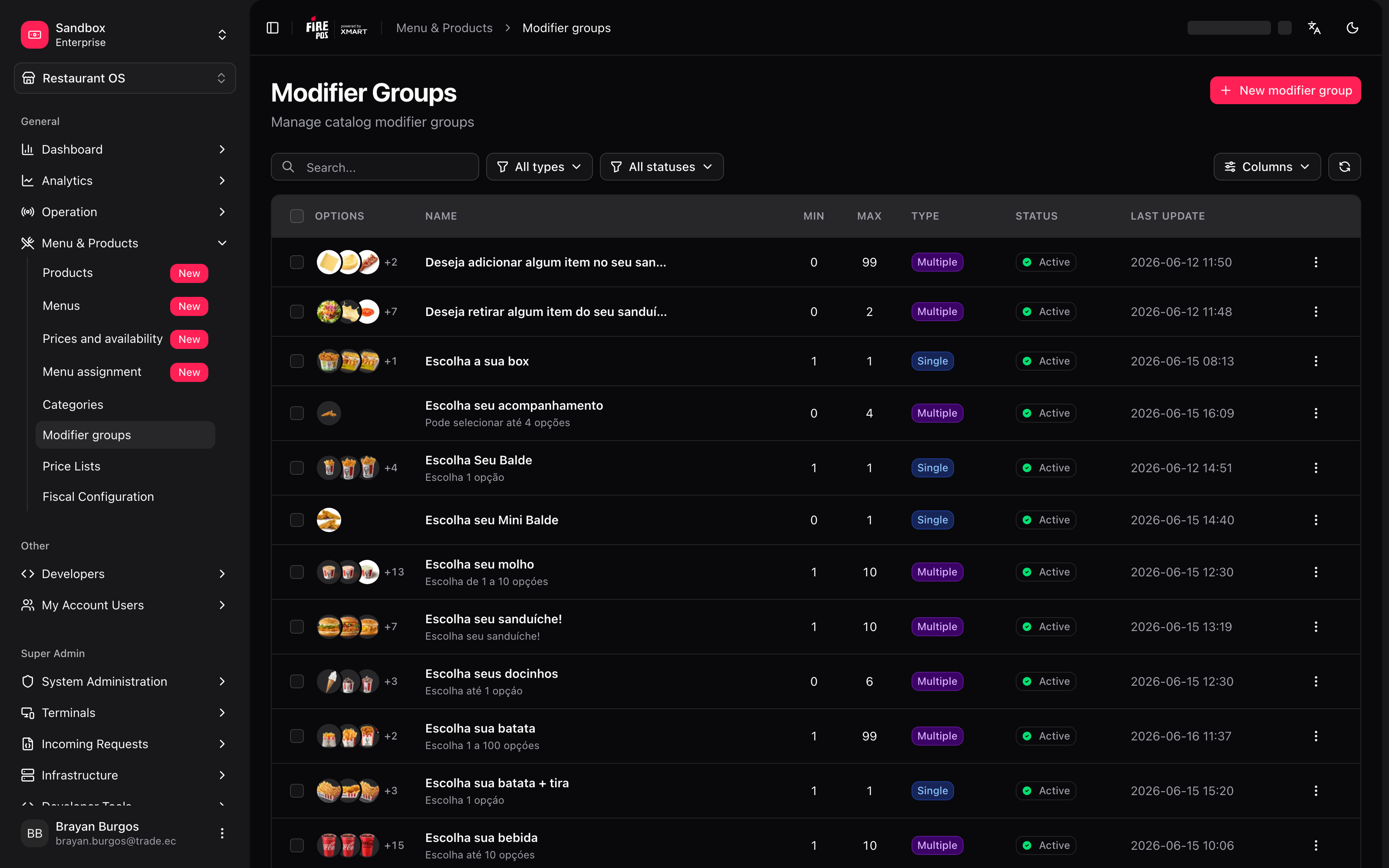 Listado de grupos de modificadores