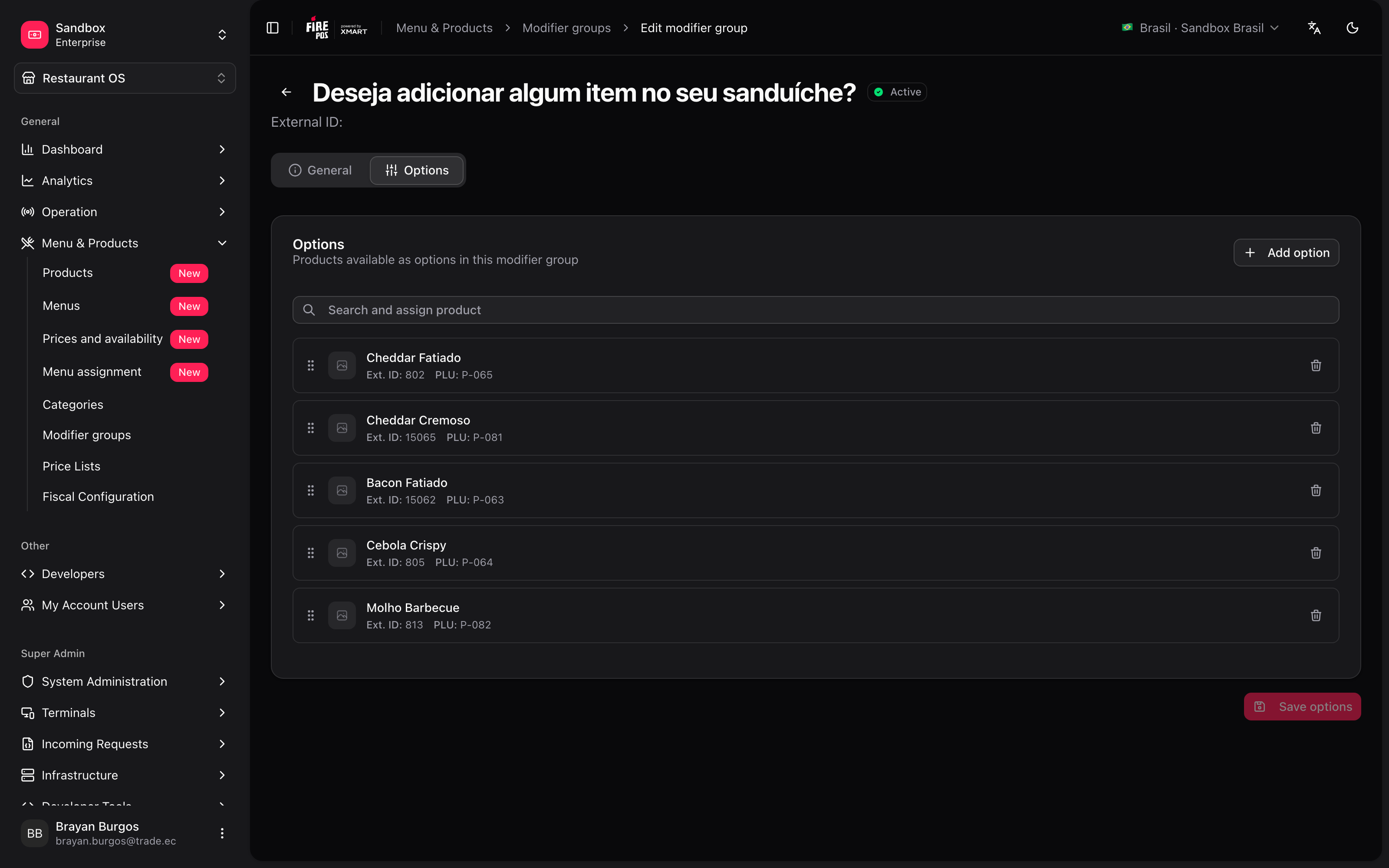 Pestaña Options con los productos asignados como opciones