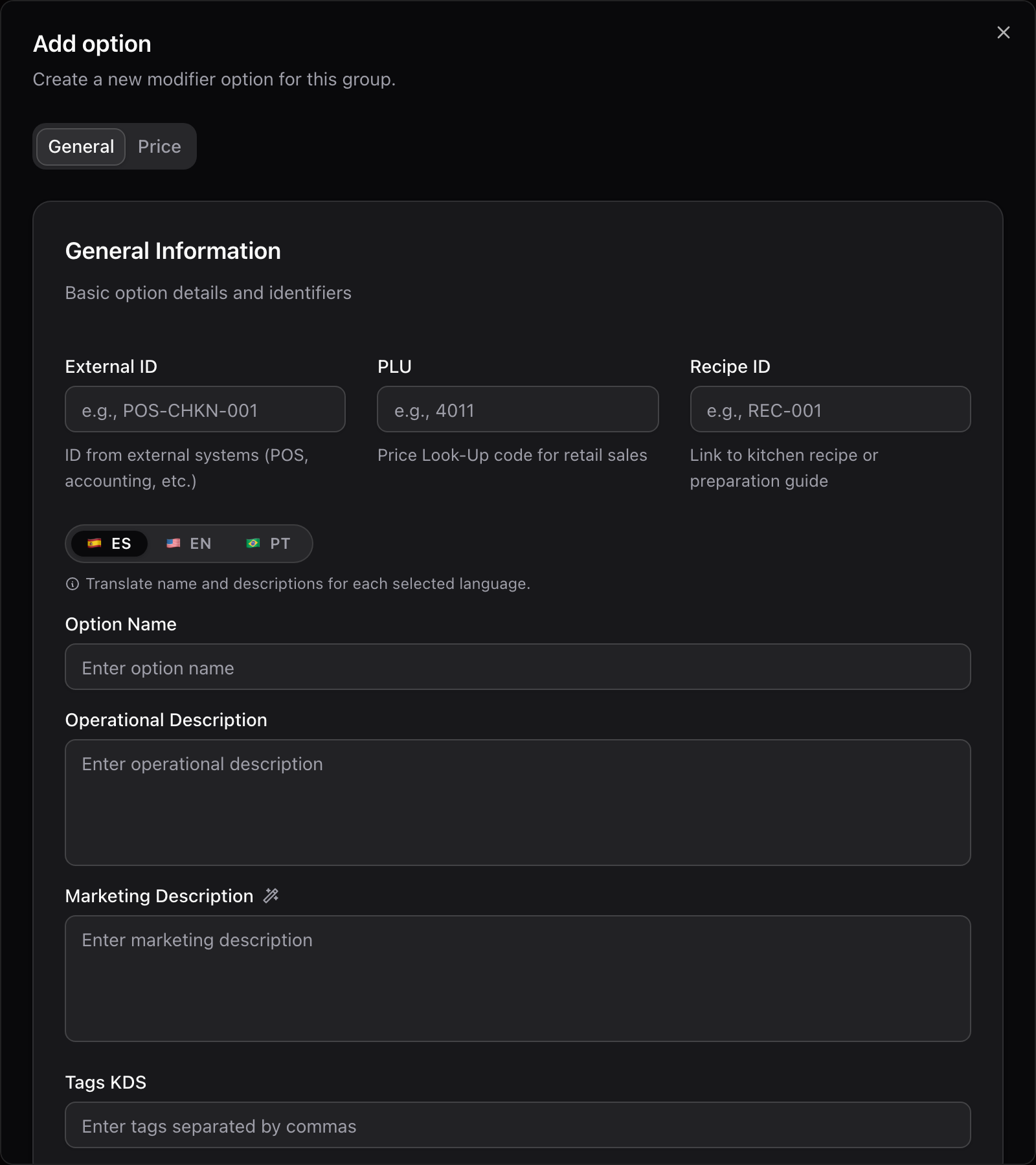Diálogo Add option, con los identificadores y las descripciones de la opción