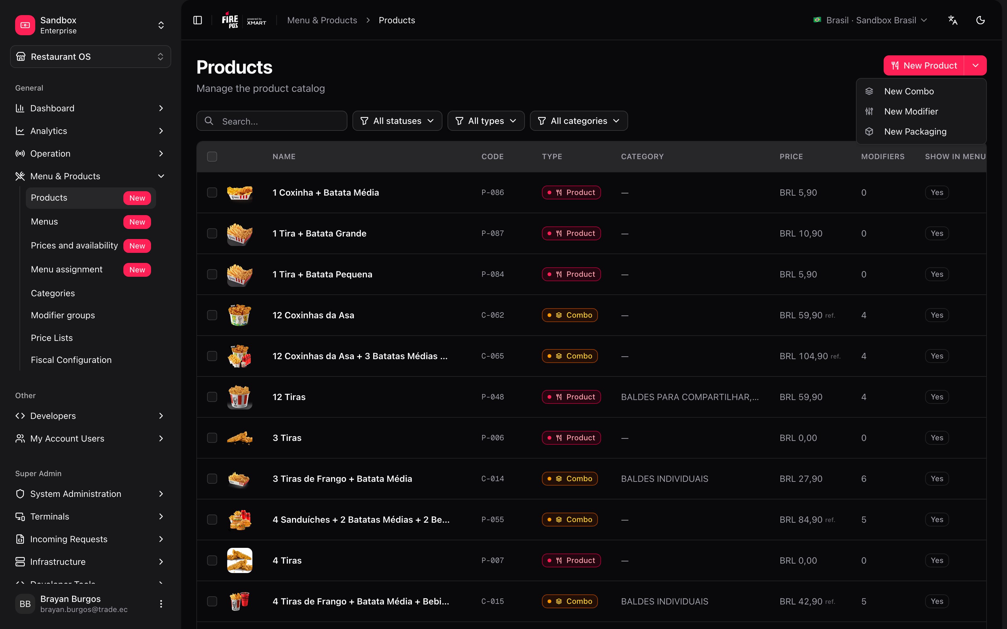 Selector de tipo al crear un producto