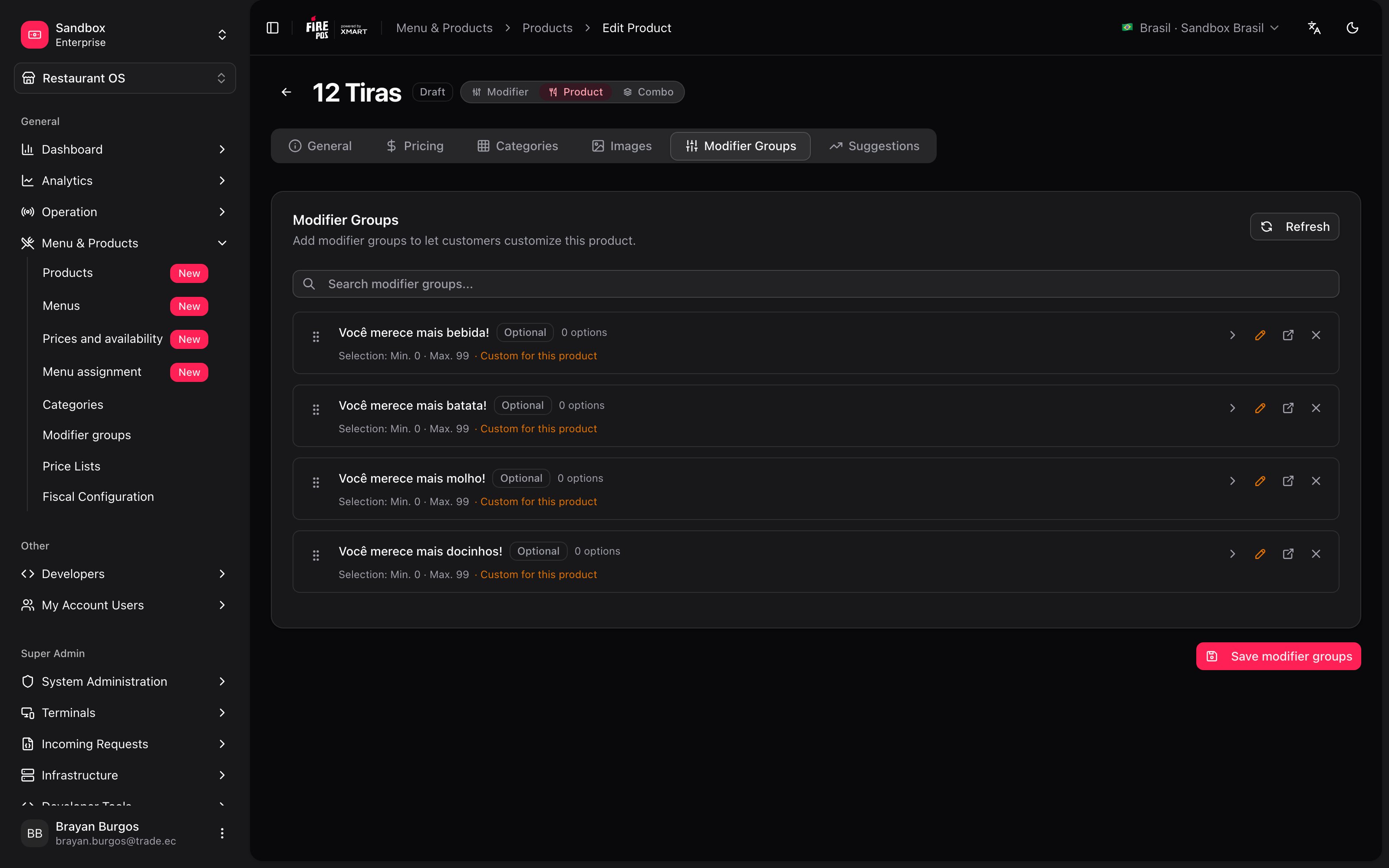 Pestaña Modifier Groups con los overrides por producto