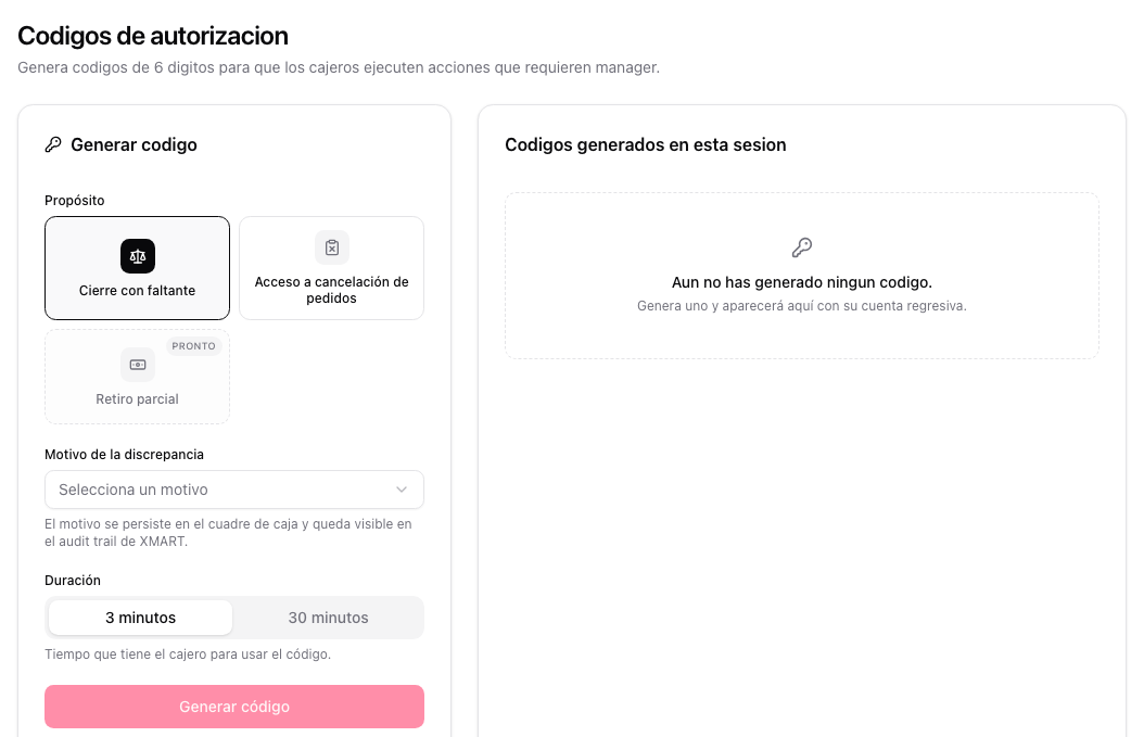Authorization-code generation section in the Fire backoffice