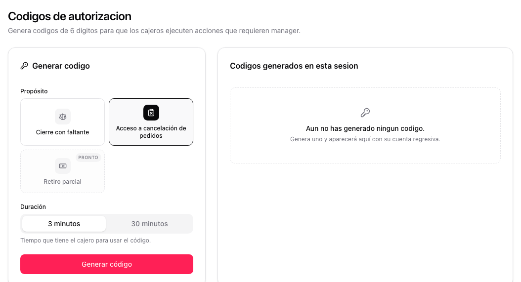 Backoffice generating a code with the Order cancellation access purpose