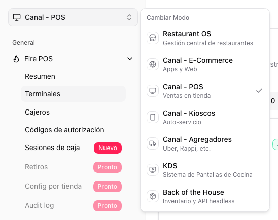 Channel selector with Fire POS selected