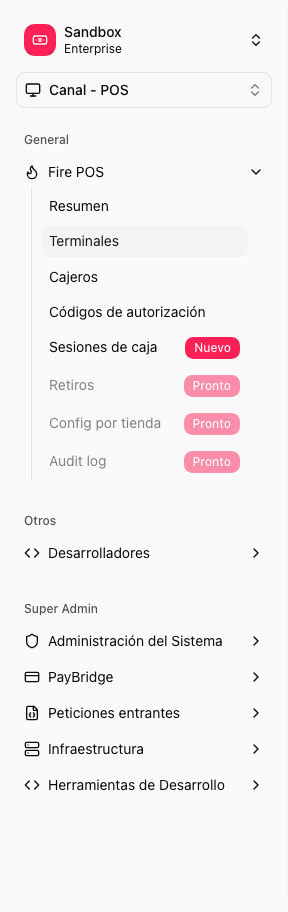 POS submenu with the Terminals option