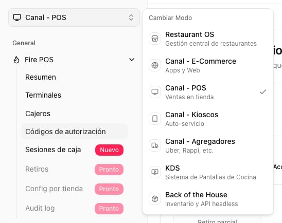 Channel selector with POS channel selected in the backoffice