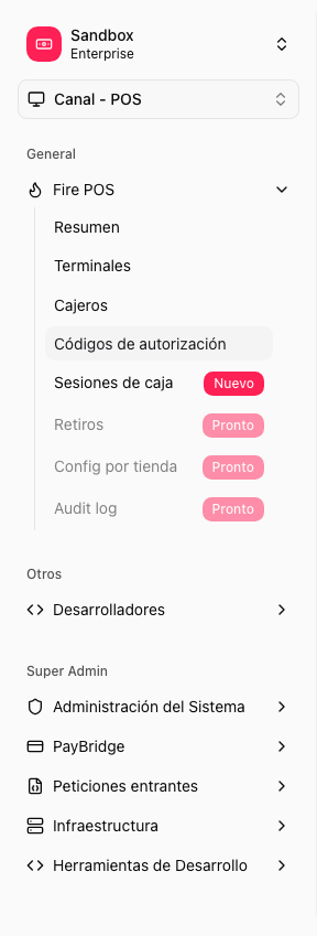 Backoffice side menu with Authorization codes selected
