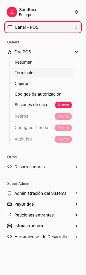 Backoffice side menu with Terminals selected