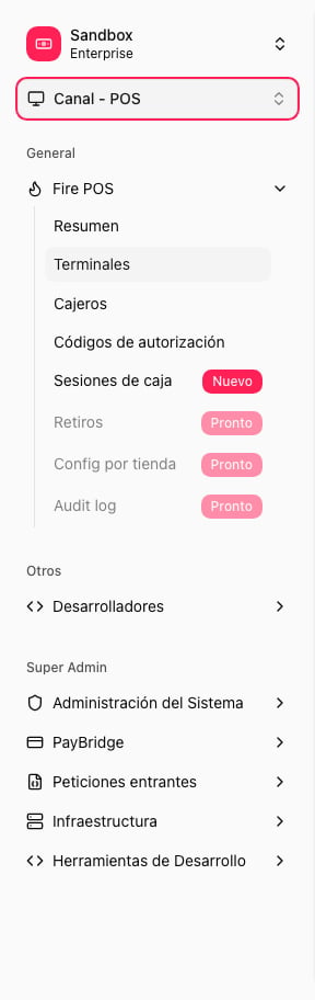 Backoffice side menu with Terminals selected