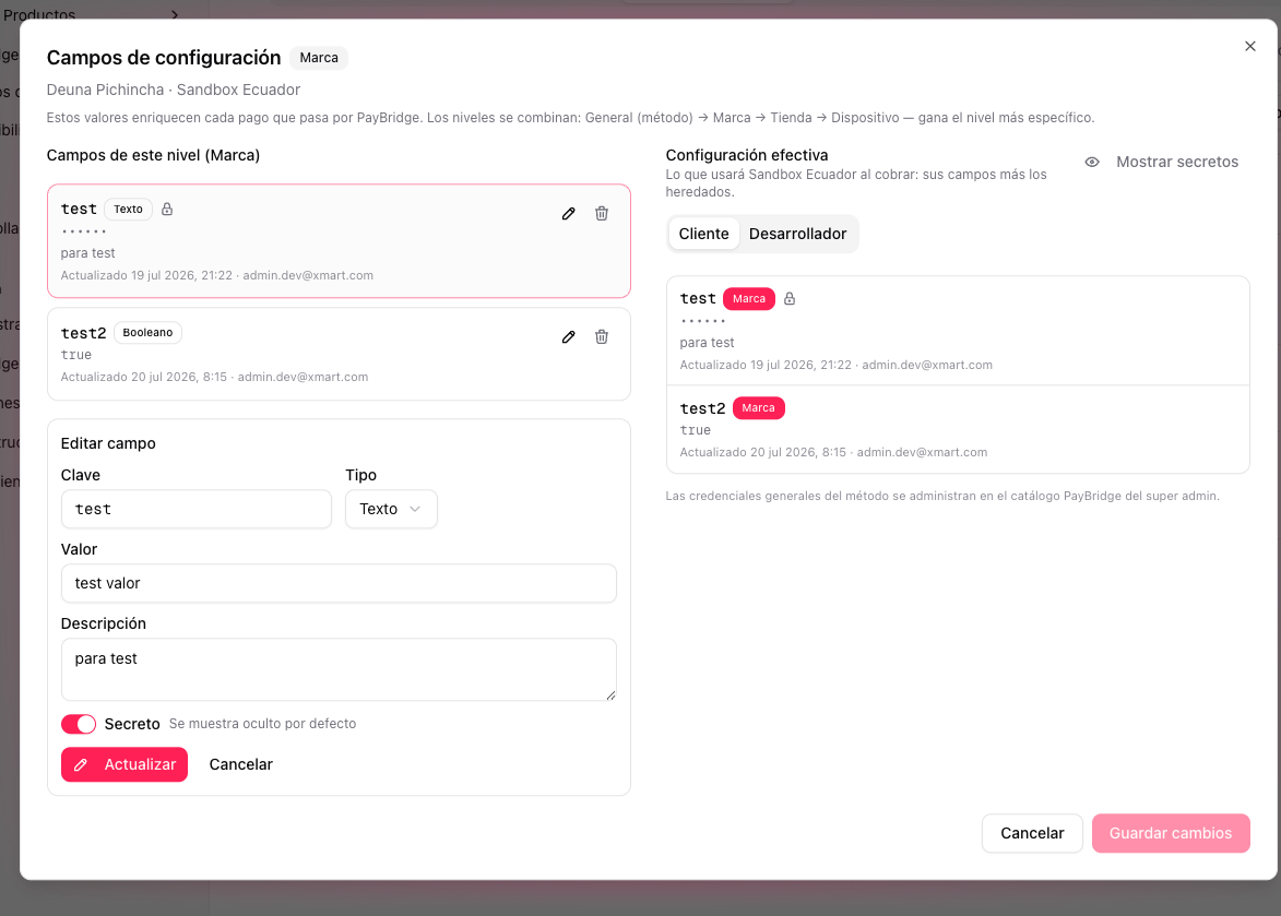 Field editor with key, type, value, description, and secret switch