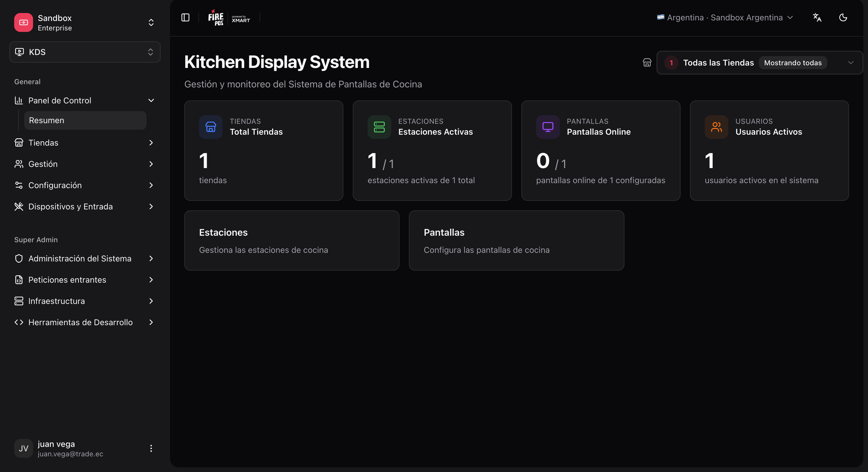 KDS menu in the Fire backoffice
