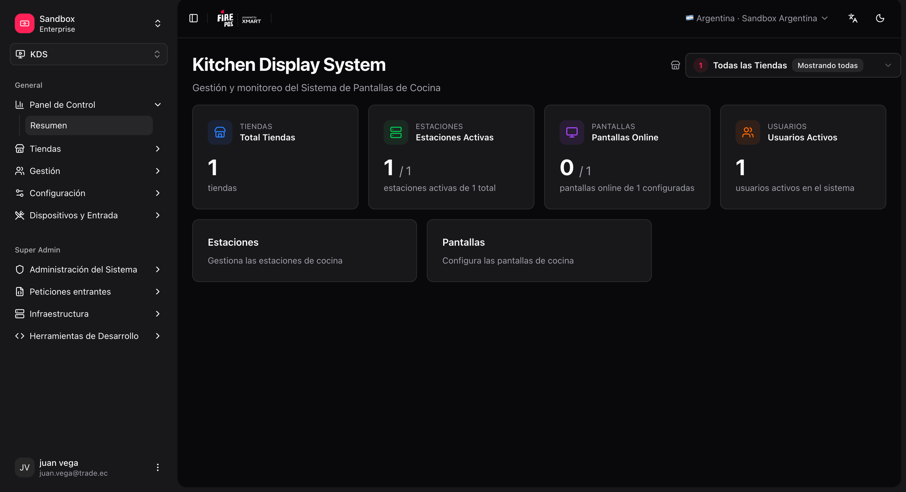 KDS menu in the Fire backoffice