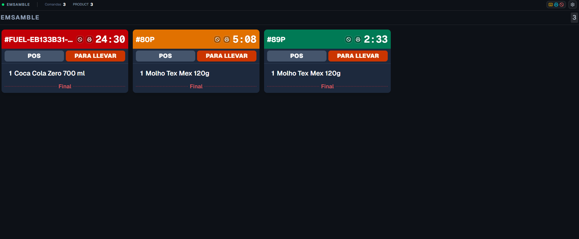 KDS screen with station columns and order tickets