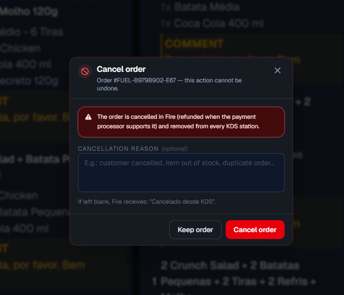 Cancel order icon on a ticket and the confirmation dialog