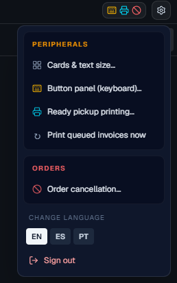 KDS settings menu opened from the gear button