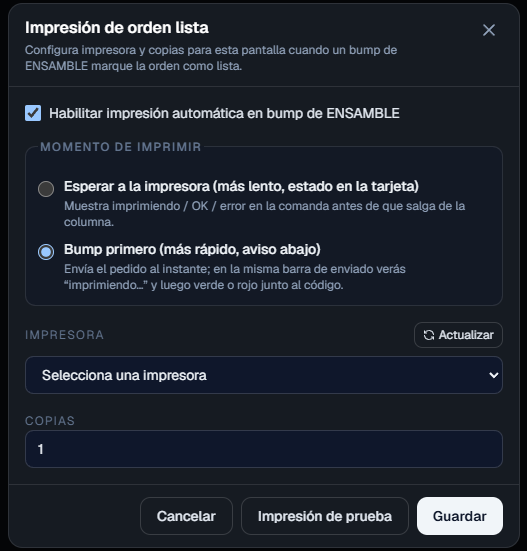 Ready pickup printing settings with printer and copies