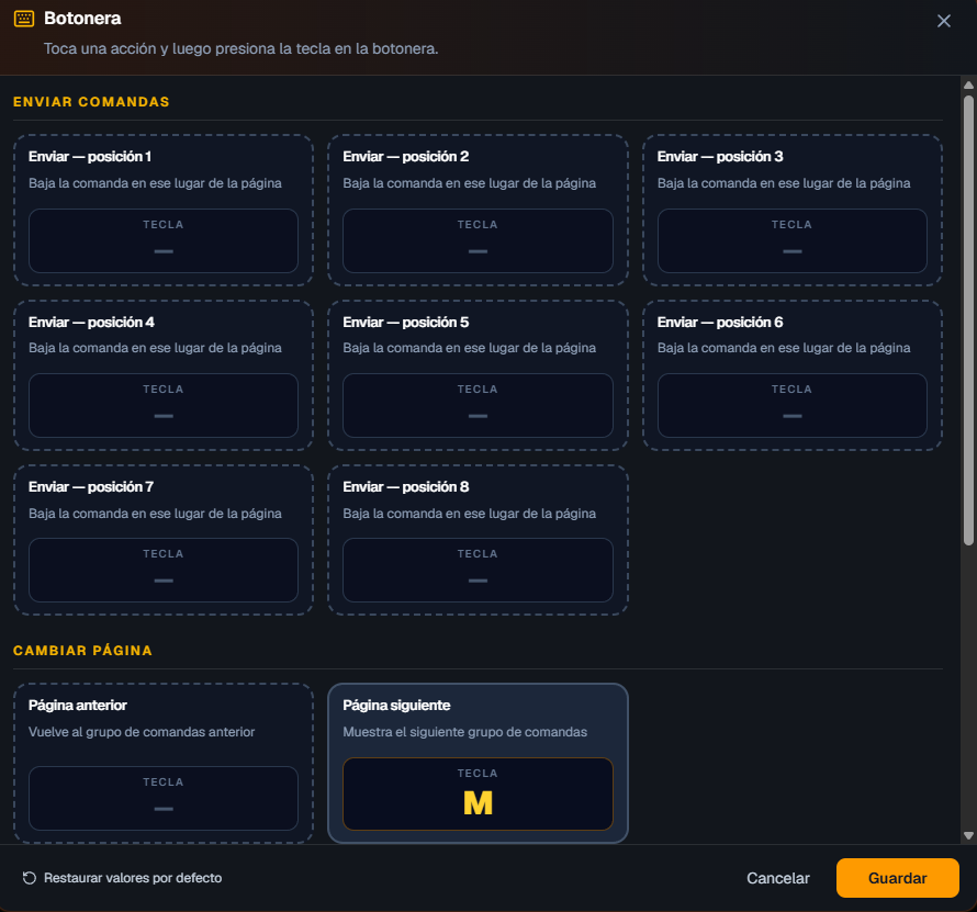 Button panel setup mapping keys to actions