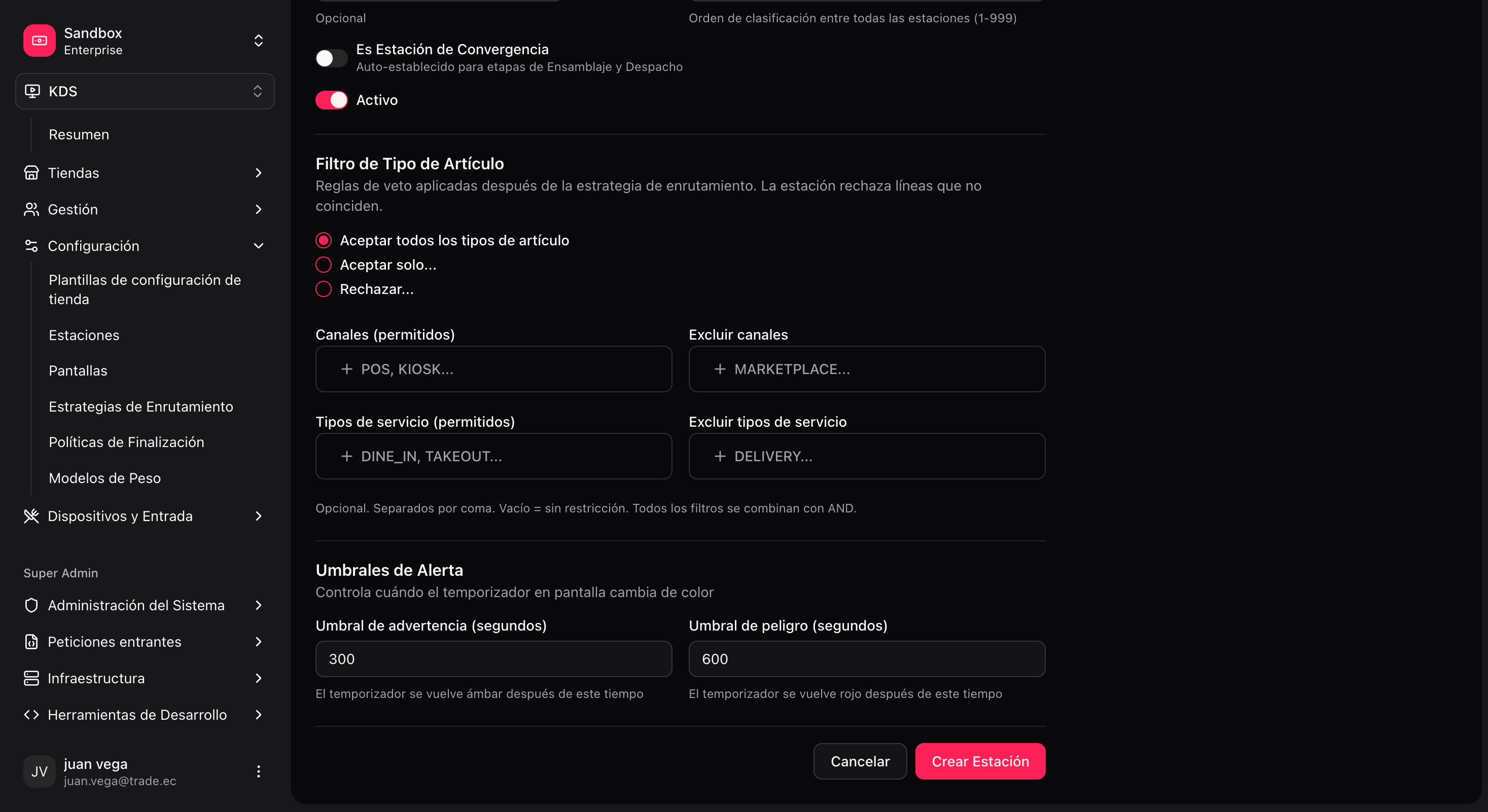 Station rules section with channel and fulfillment filters