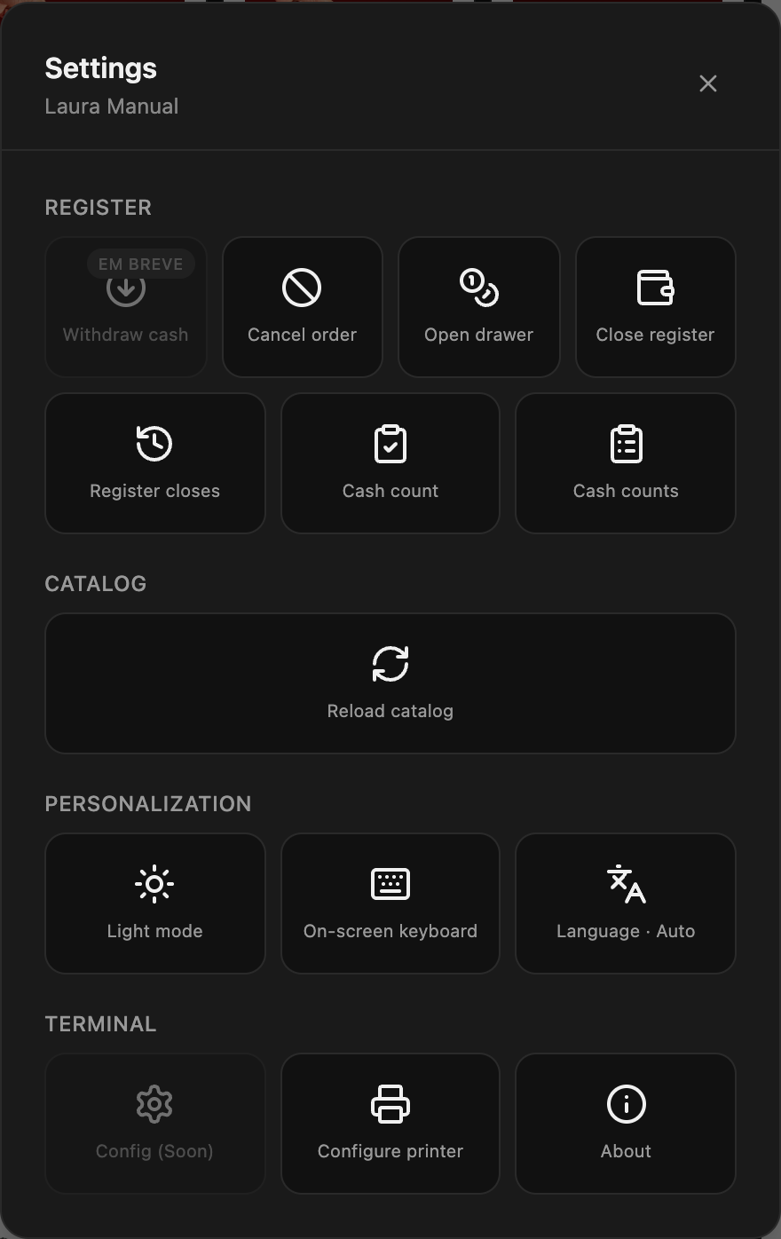 Panel Configuraciones con las secciones Caja, Catálogo, Personalización y Terminal