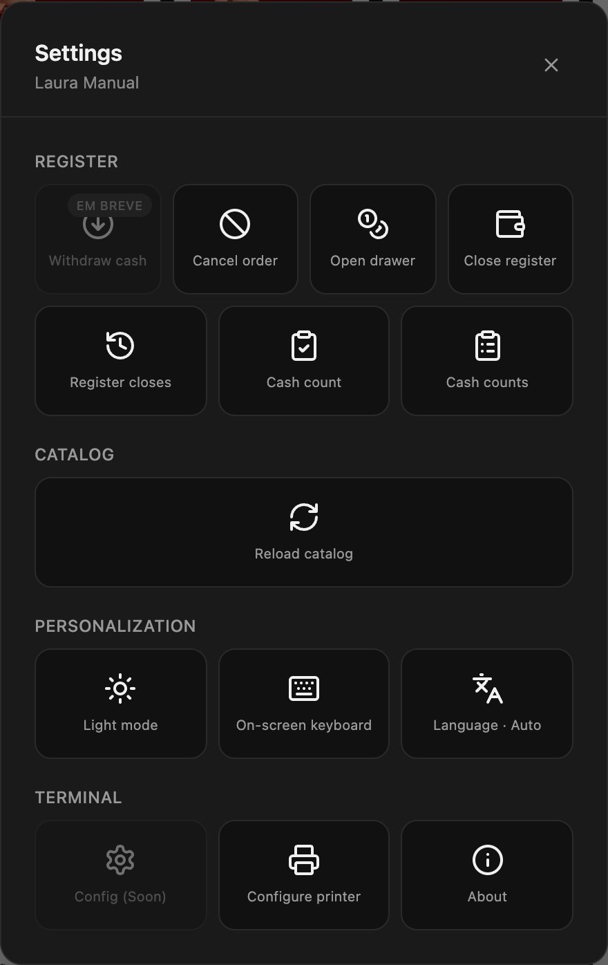 Panel Configuraciones con las secciones Caja, Catálogo, Personalización y Terminal