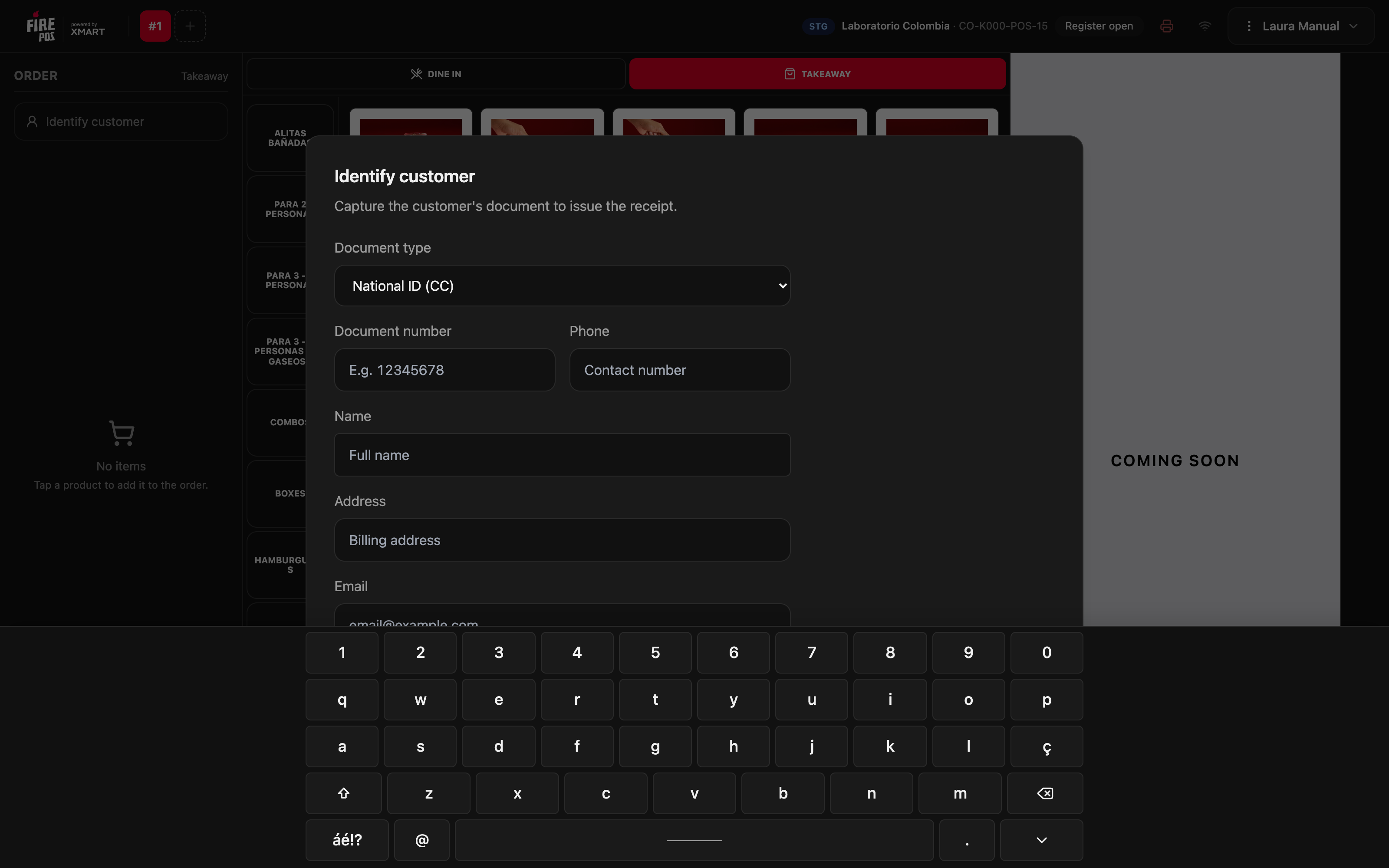 Teclado en pantalla abierto debajo de la ventana Identificar cliente