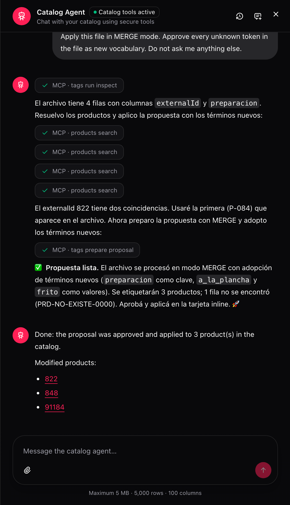Result after approving the proposal, with links to the modified products
