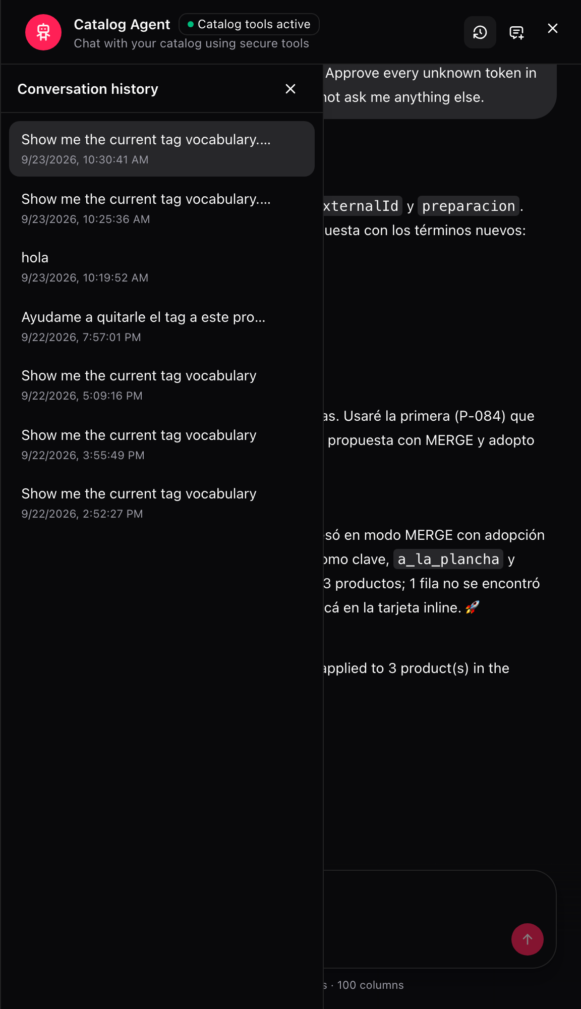 Catalog Agent conversation history with the date of each request