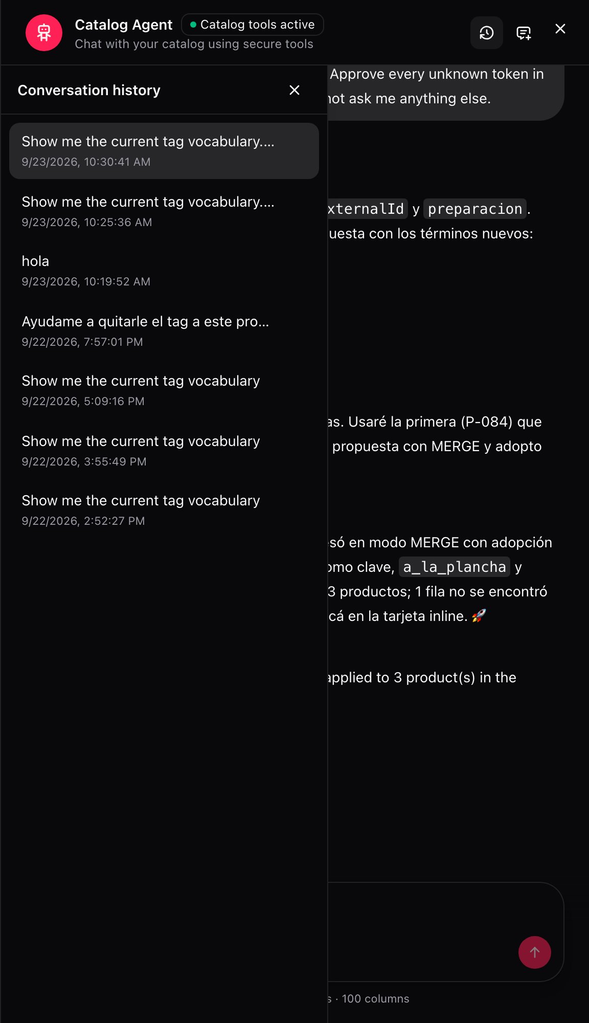 Catalog Agent conversation history with the date of each request
