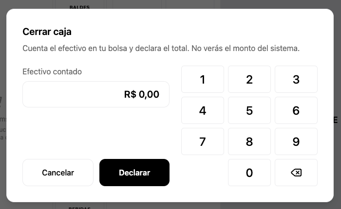 Declare cash screen when closing register