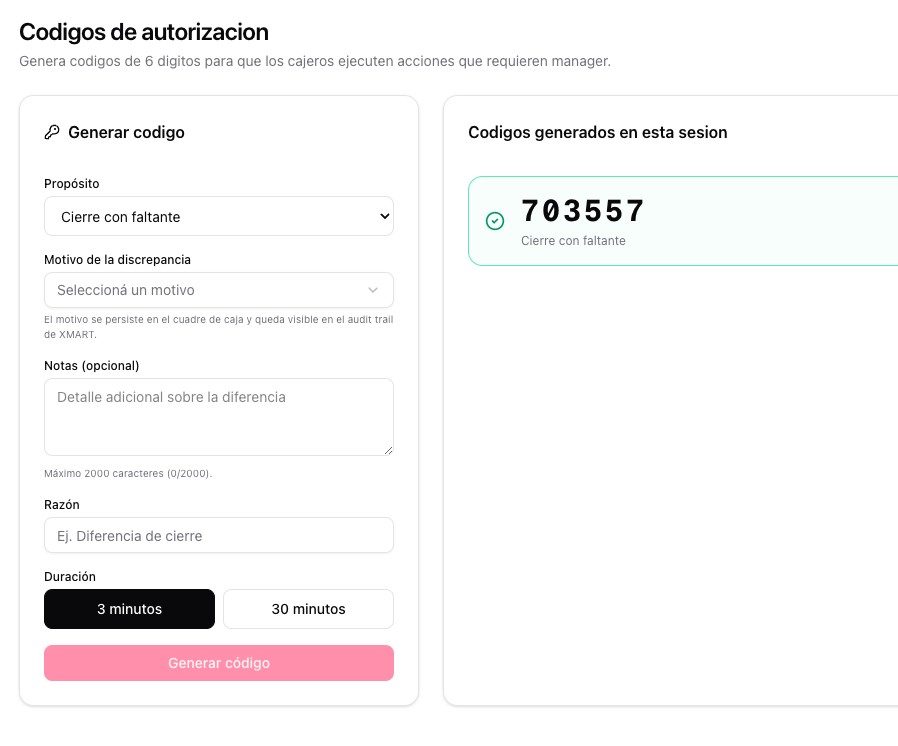 Code generation form with Close with shortage purpose