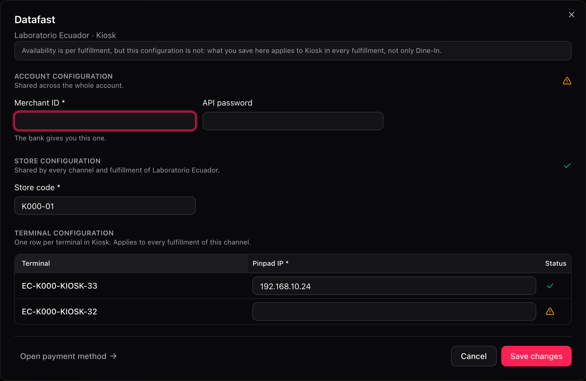 Panel de método con secciones de cuenta, tienda y terminal
