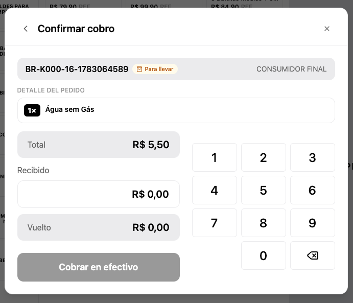 Confirm cash payment screen for a kiosk order