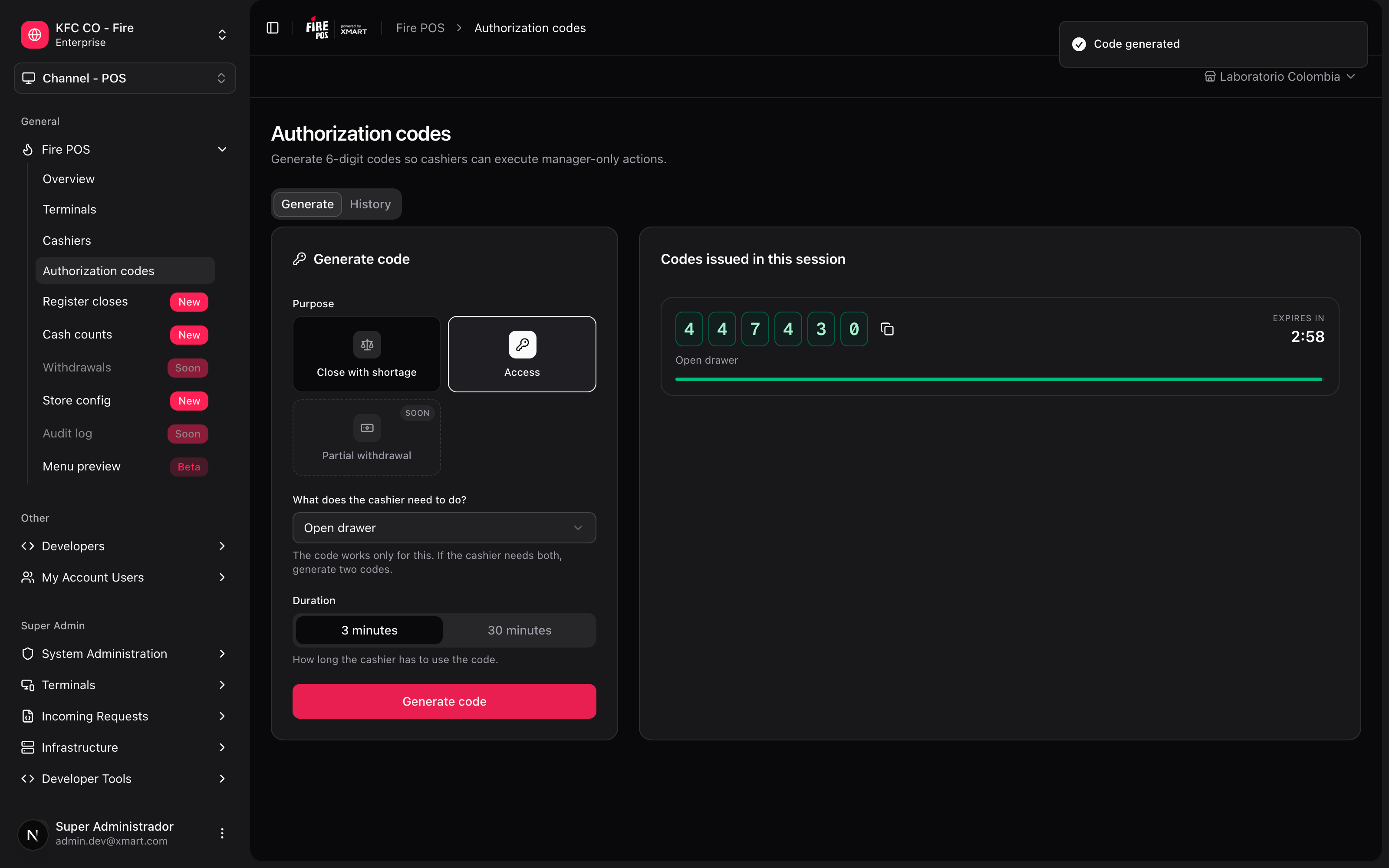 6-digit code generated to open the drawer, with the countdown