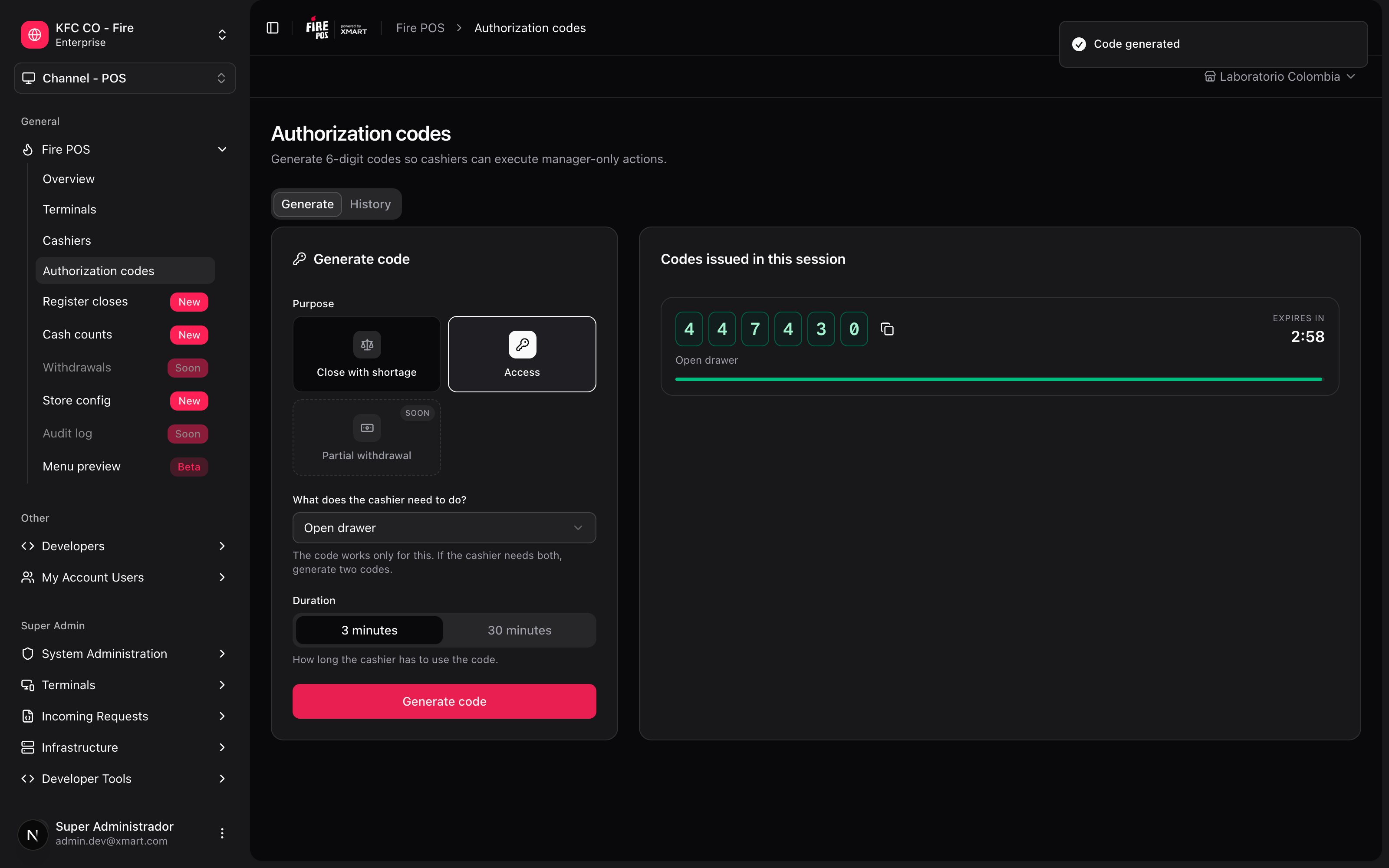 6-digit code generated to open the drawer, with the countdown
