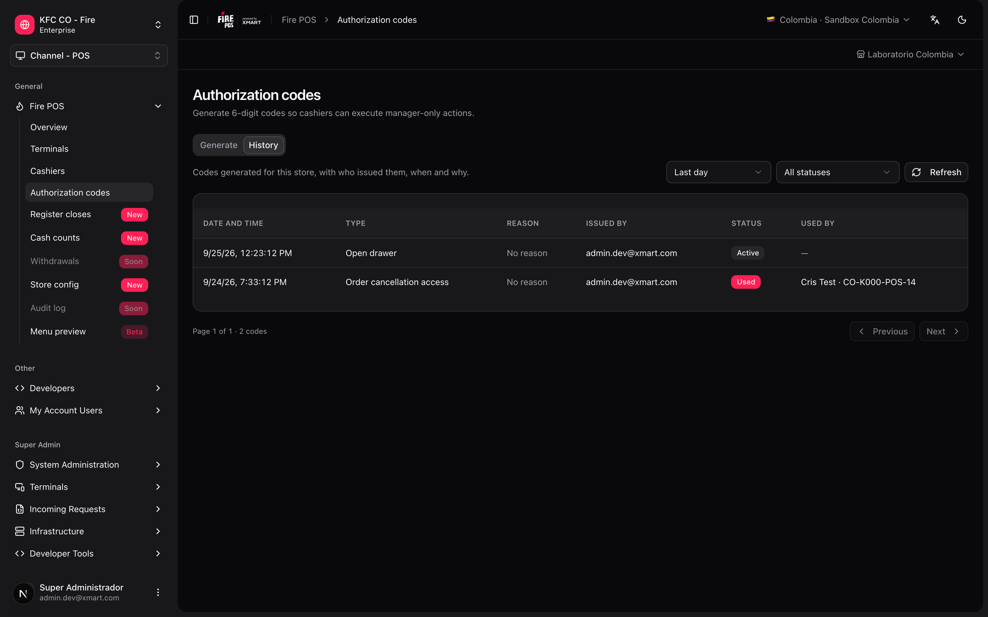 History tab with the generated codes, who issued them, their status and who used them
