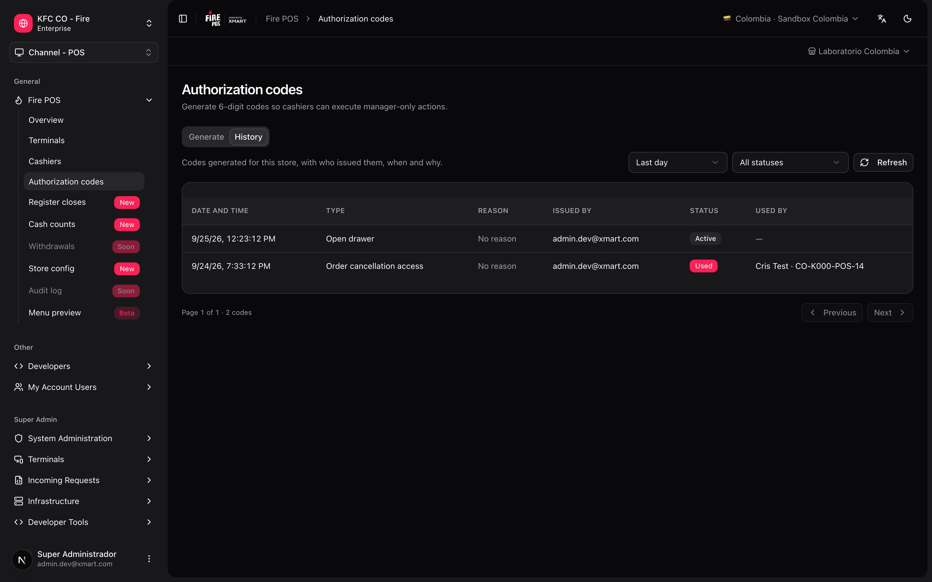 History tab with the generated codes, who issued them, their status and who used them