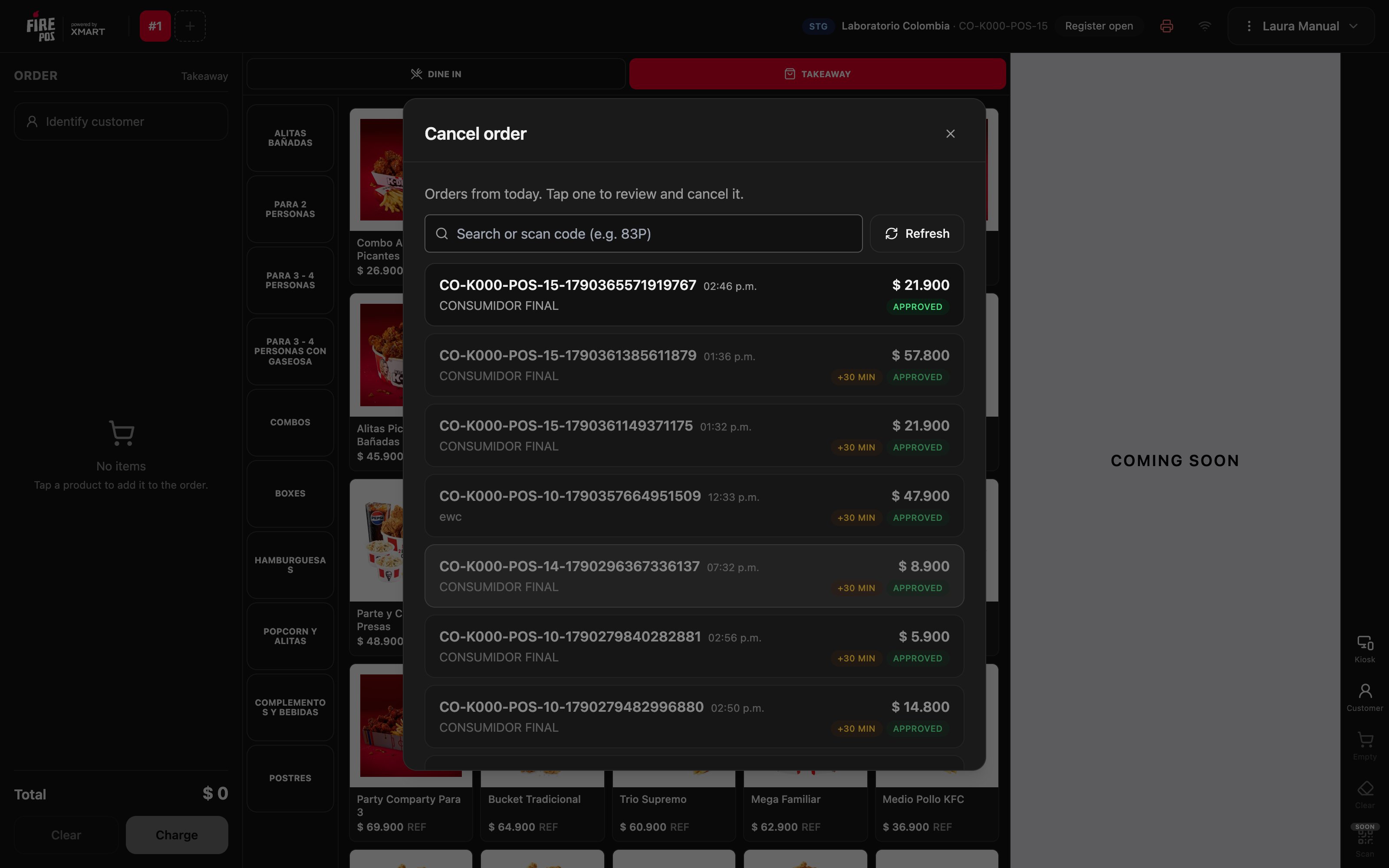 Cancel order list with a recent approved order and others disabled with +30 min