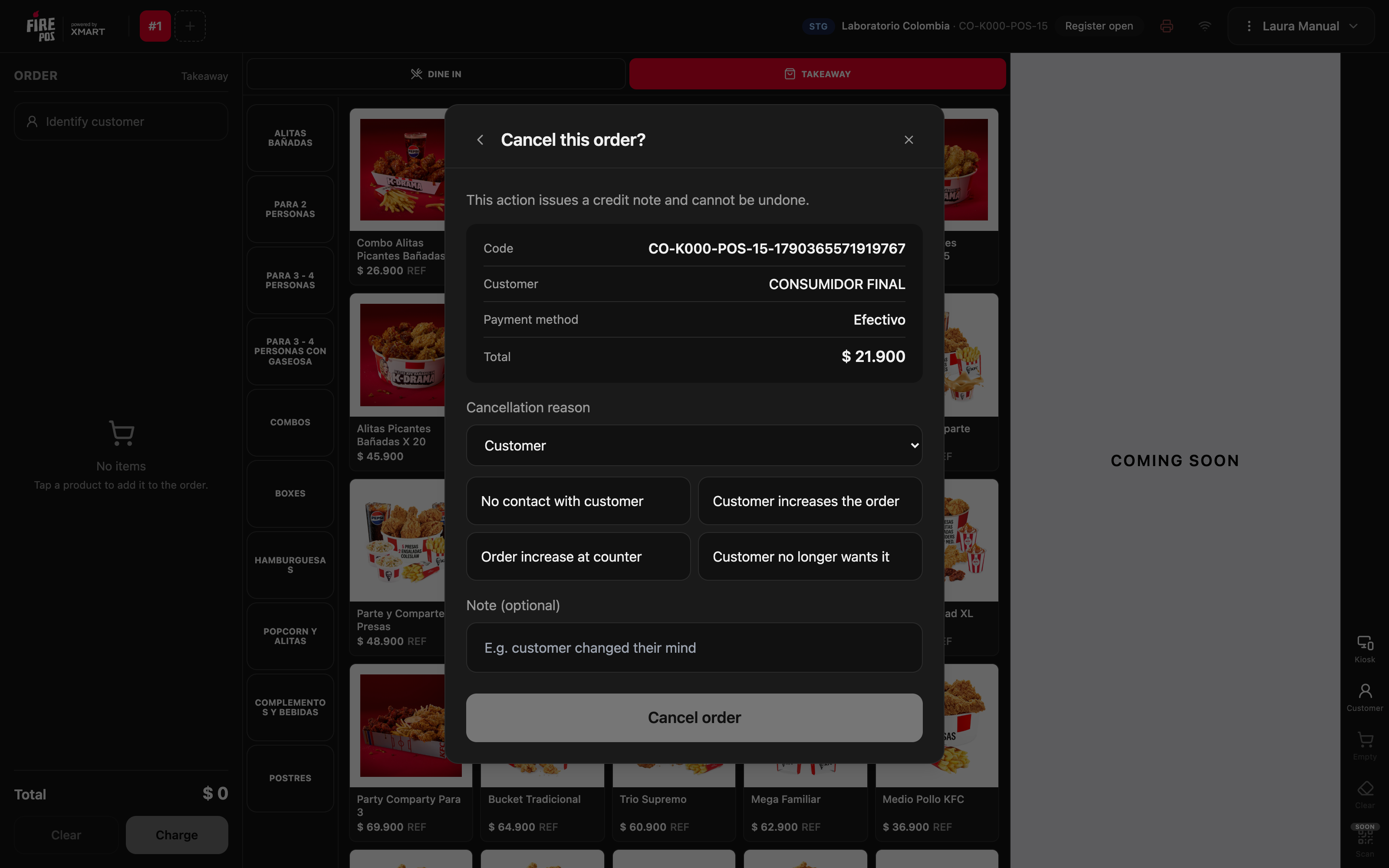 Cancel this order? window with the order details and the cancellation reasons